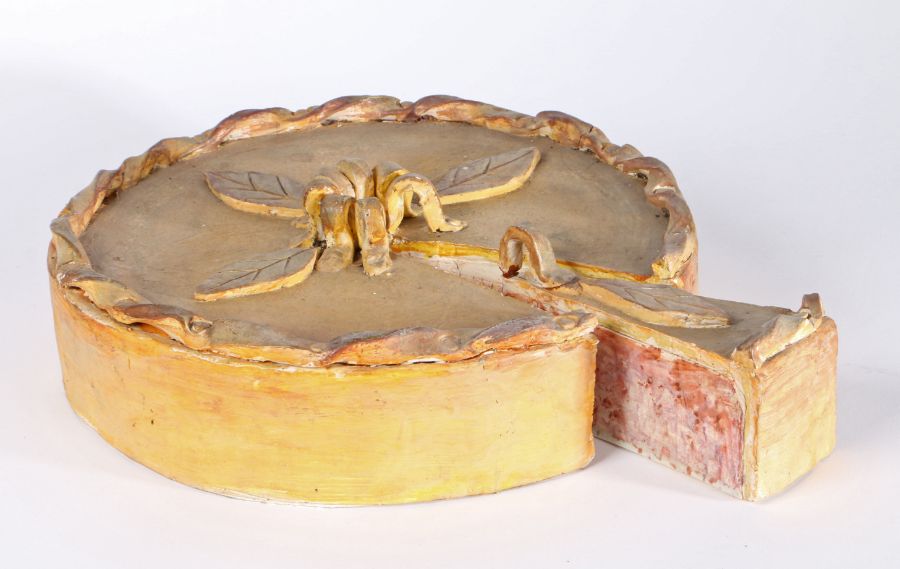 French pottery butcher's pork pie display, with removable "slice", hand painted, 35cm diameter
