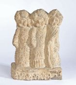 Early post medieval stone carving, as three angels/graces, 31cm high, 23cm wide