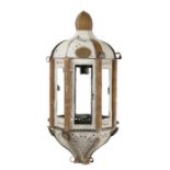 French decorative lamp, the hexagonal metal body painted in white and gold, 47cm high