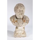 19th Century carved stone bust, possibly French, depicting a gentleman, on a waisted plinth base,