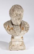 19th Century carved stone bust, possibly French, depicting a gentleman, on a waisted plinth base,