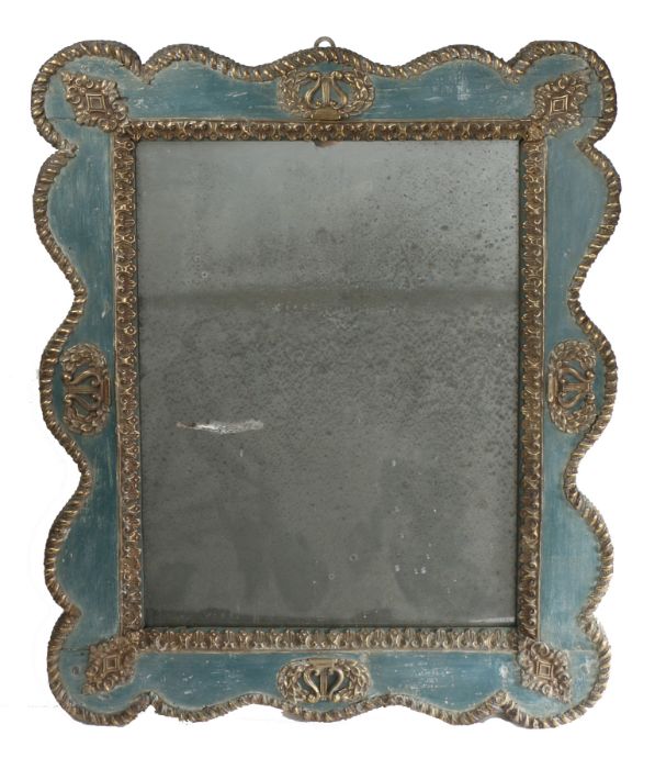 19th Century Italian wall mirror, having a wavy intricately embossed gilt metal border on a