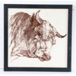 Minton butchers shop display tile, with the head of the bull in brown, 41cm wide