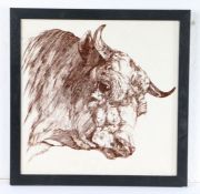 Minton butchers shop display tile, with the head of the bull in brown, 41cm wide