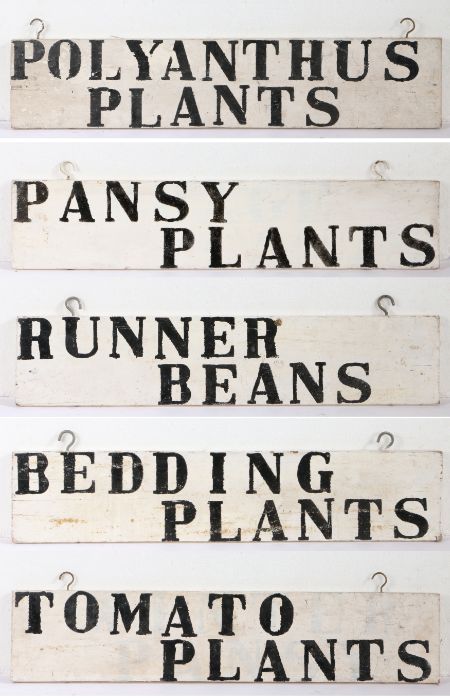 Collection of five garden nursery display signs, inscribed in black "Pansy Plants", "Bedding