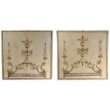Pair of French wooden and gilded panels, centred with gilt urns and lion masks within a beaded