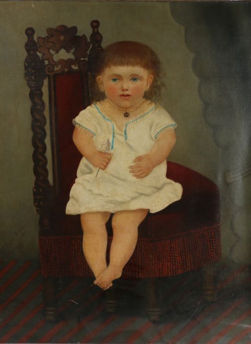 19th Century naïve school, depicting a child seated on a chair, unsigned oil on canvas, 73cm x 93cm,