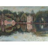 20th Century French school, a tower near a lake, signed bottom right and dated 75, 82cm x 61cm