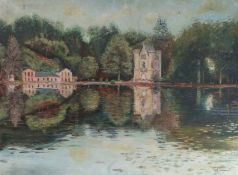 20th Century French school, a tower near a lake, signed bottom right and dated 75, 82cm x 61cm