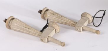 Pair of French faux marble wall lights, circa 1940, the carved wood trumpet lights with fluted