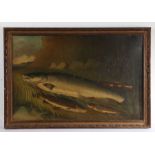 Mid to late 19th Century school, primitive study of salmon and trout, unsigned oil on canvas,