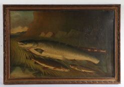 Mid to late 19th Century school, primitive study of salmon and trout, unsigned oil on canvas,