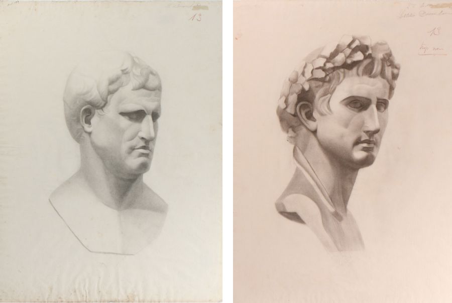 Pair of Italian school etchings on paper, each depicting a bust, signed Latitia D. housed in