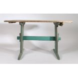 19th Century Swedish bockbord trestle table, having a pine boarded top with rounded ends, raised