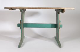 19th Century Swedish bockbord trestle table, having a pine boarded top with rounded ends, raised