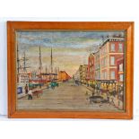 Folk art painting, of a British street scene, unsigned oil on canvas, housed within a maple frame,