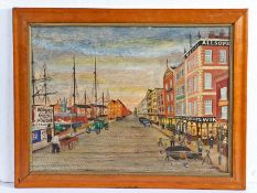 Folk art painting, of a British street scene, unsigned oil on canvas, housed within a maple frame,