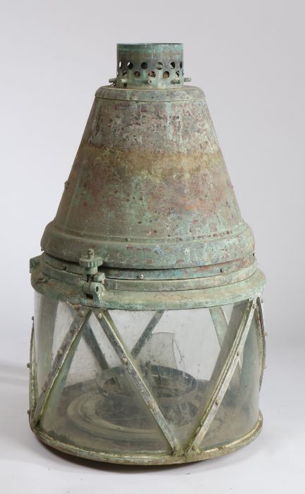 Very large early 20th Century bronze maritime light, with conical funnel and glazed sections