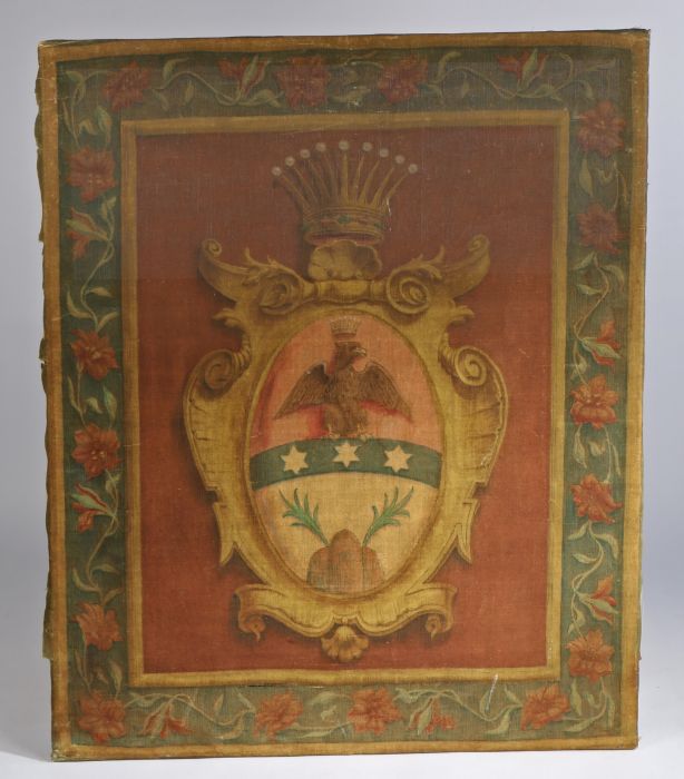 Large Italian painting on canvas, centred with a crest surmounted with a crown, within a border of