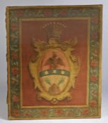 Large Italian painting on canvas, centred with a crest surmounted with a crown, within a border of