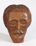 20th Century folk art portrait bust, of a moustached man, 30cm high