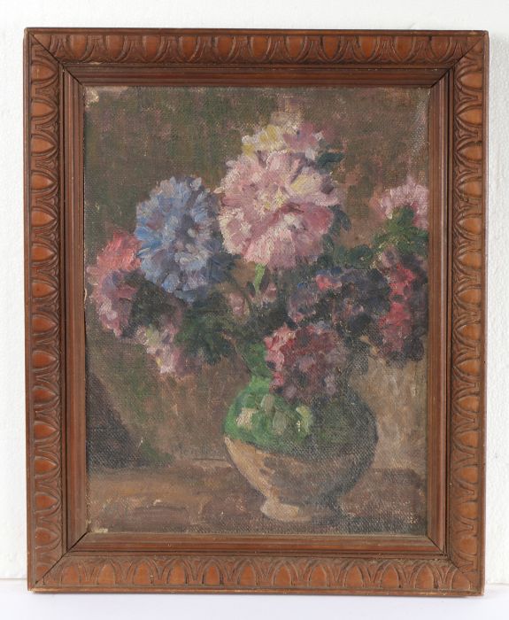 Early 20th French school, circa 1940's, oil on board study of hydrangea and confit pot, housed