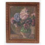 Early 20th French school, circa 1940's, oil on board study of hydrangea and confit pot, housed