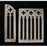 Two carved grey marble Gothic tracery fragments, the rectangular and slender fragments each with