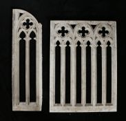 Two carved grey marble Gothic tracery fragments, the rectangular and slender fragments each with