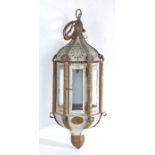 Decorative sheet metal hanging lamp, with a glazed panel centre, 58cm high