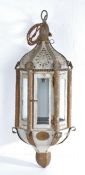 Decorative sheet metal hanging lamp, with a glazed panel centre, 58cm high