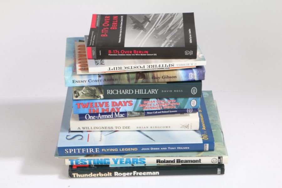 Selection of military aviation related books including, 'Thunderbolt' by Roger Freeman, 'Testing