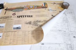 Ephemera including plan drawings of Spitfire Mk IX, print of a WW2 Spitfire Mk. IX bearing the