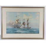 Naval print after Derek G.M. Gardner, depicting the capture of HM brig-sloop Reindeer by the