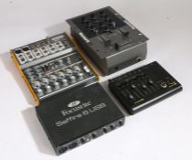 Collection of audio mixers to include Nummark M1, Tapco Mix100, Soundstage 250 and a Sffire 6 USB (