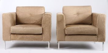 Pair of Italian pony skin armchairs, each of square form with drop in cushions, raised on chrome