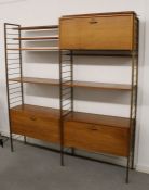 Staples Ladderax teak shelving unit, comprising three drop front cupboards and six shelves, 184.