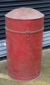 Red painted metal lamp oil barrel, with hinged cover enclosing a brass tap, approx. 98cm high