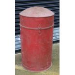 Red painted metal lamp oil barrel, with hinged cover enclosing a brass tap, approx. 98cm high