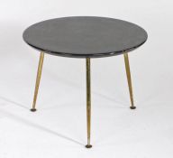 1970's/80's coffee table, having circular marble effect top, raised on three brass legs, with patent