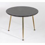 1970's/80's coffee table, having circular marble effect top, raised on three brass legs, with patent