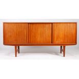 Mid 20th century teak sideboard, having three sliding doors and raised on tapering legs, 165cm long,