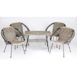 1970's rattan table and chairs, comprising two tier rectangular table and four chairs, in black