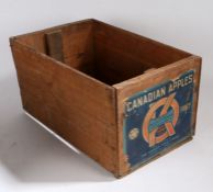 Canadian Apples wooden advertising crate, with paper label to one side, Selling Agents Associated