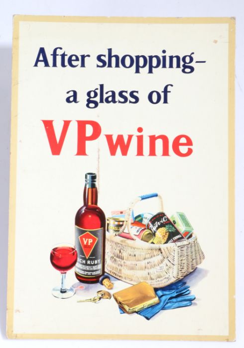 VP Wine card advertising sign, 'After Shopping - a glass of VP Wine', 34.5cm high, 24cm wide