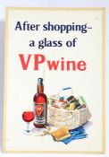 VP Wine card advertising sign, 'After Shopping - a glass of VP Wine', 34.5cm high, 24cm wide