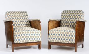 Pair of Art Deco walnut armchairs, with drop in seats and back rests, having curved arm rests and