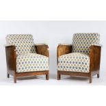 Pair of Art Deco walnut armchairs, with drop in seats and back rests, having curved arm rests and