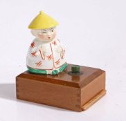 Novelty 20th century porcelain and wooden lamp, mounted with a figure on wooden base, 10cm wide,