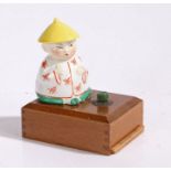 Novelty 20th century porcelain and wooden lamp, mounted with a figure on wooden base, 10cm wide,